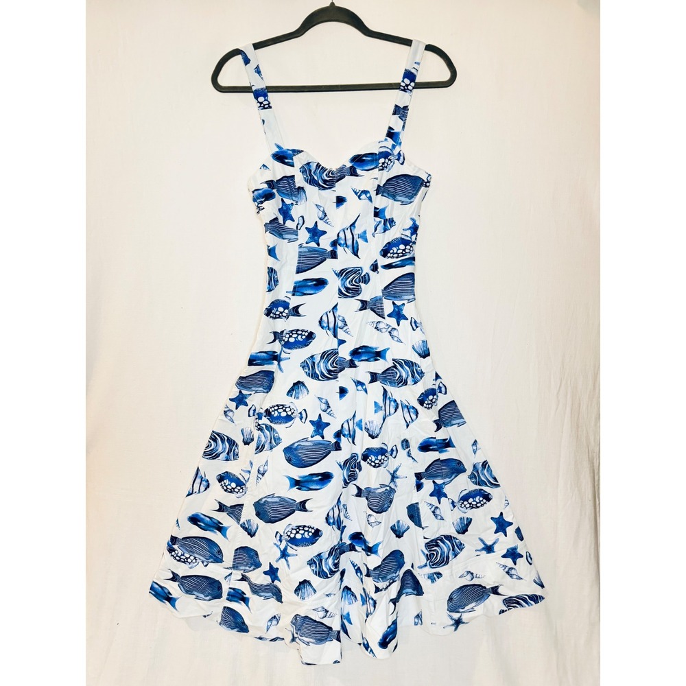 Avec Les Filles Blue White Fish Print Midi Dress Nautical Sun Dress Size 6